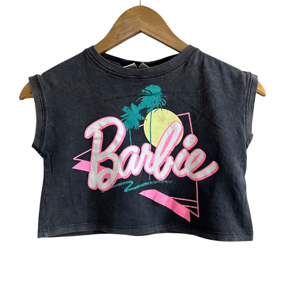 Zara Barbie Graphic Crop Top Charcoal Black Girls Size 6-7 Years Beach Tee
